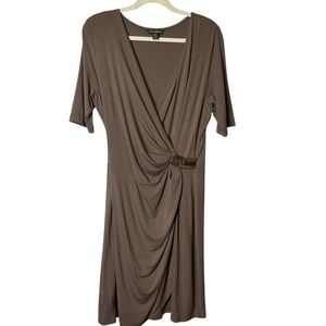 Tommy Bahama Brown Faux Wrap Midi Dress Plunge Neckline Viscose Spandex Large‎